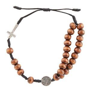 bracelet / decenary with st benedict medal, wood beads and crucifix / Y Style